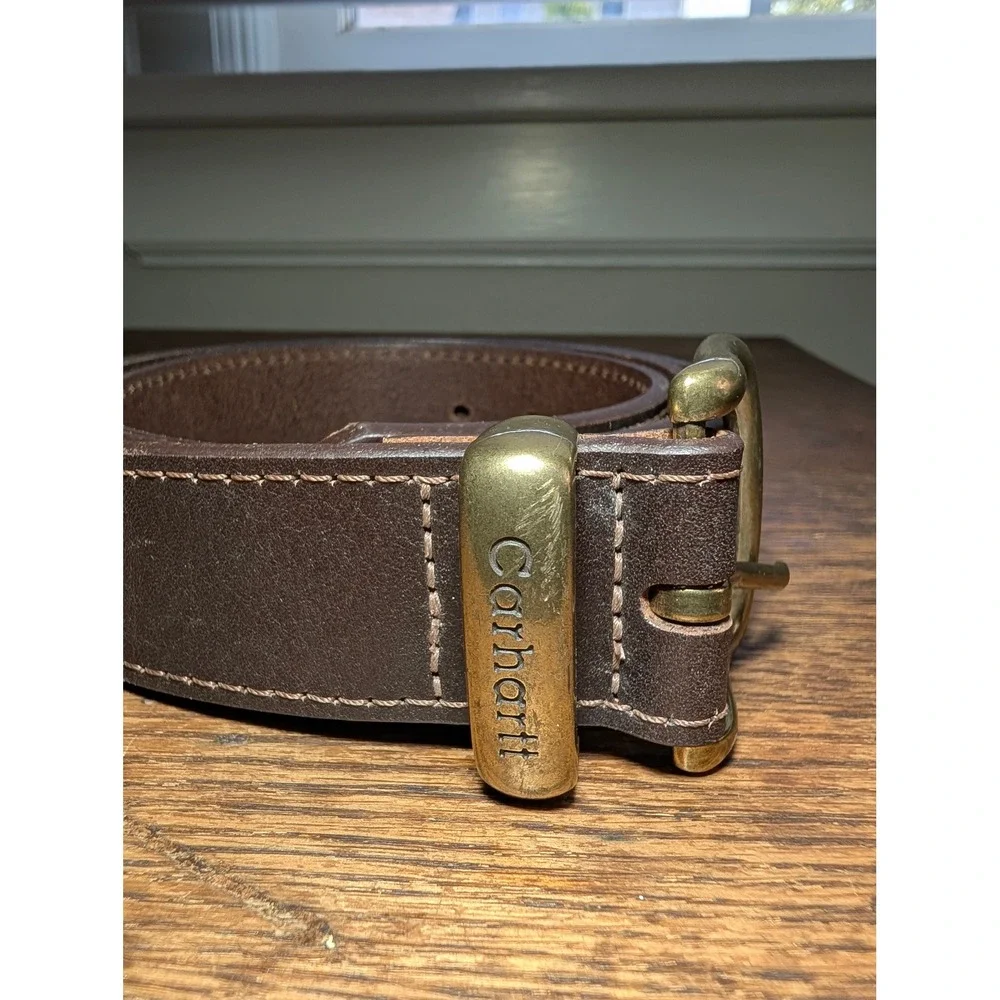 Carhartt Leather Belt Mens 44 Brown Like New Top Grain English Bridle Brass